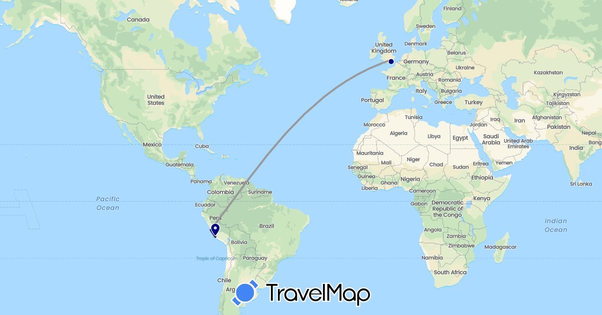 TravelMap itinerary: driving, plane in United Kingdom, Peru (Europe, South America)