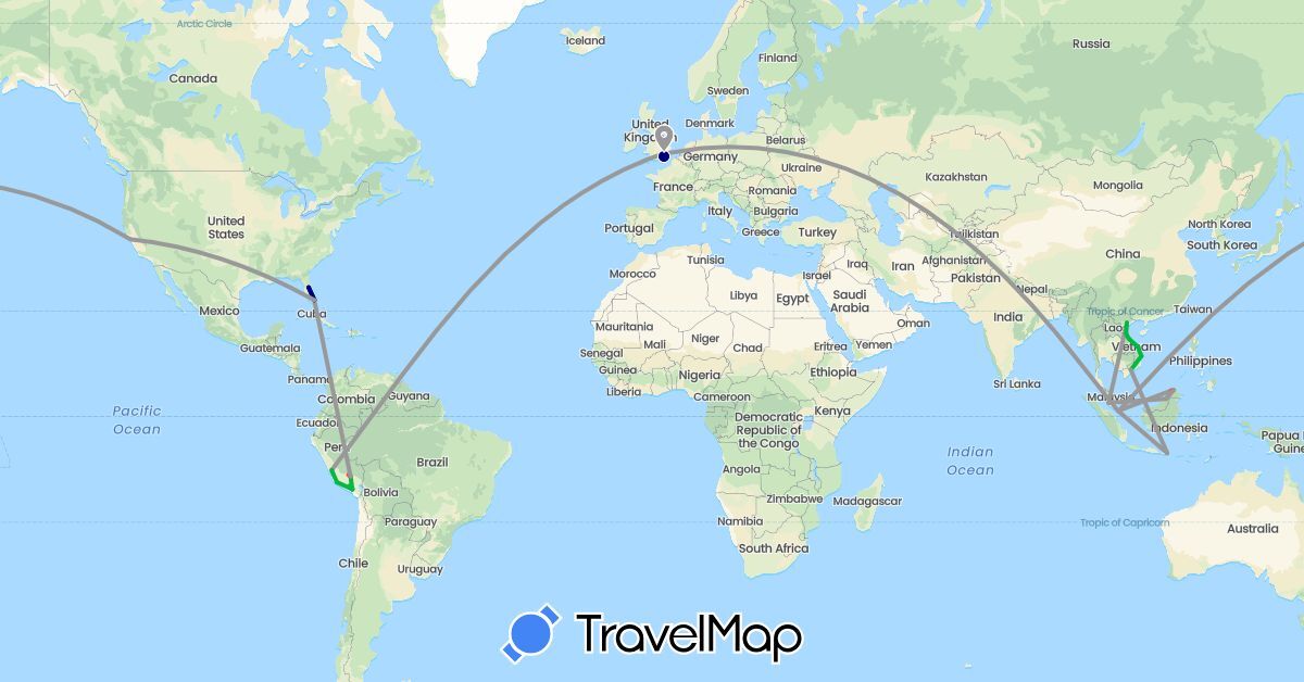 TravelMap itinerary: driving, bus, plane, hiking in United Kingdom, Indonesia, Malaysia, Peru, Singapore, United States, Vietnam (Asia, Europe, North America, South America)