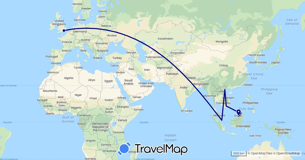 TravelMap itinerary: driving in United Kingdom, Malaysia, Singapore, Vietnam (Asia, Europe)